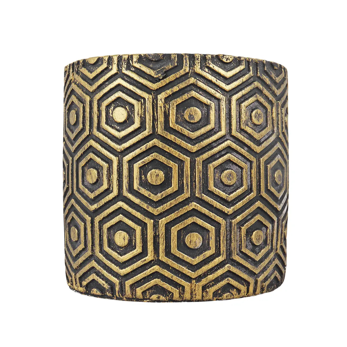 Maceta Textura Hexagonal, Color Negro y Oro