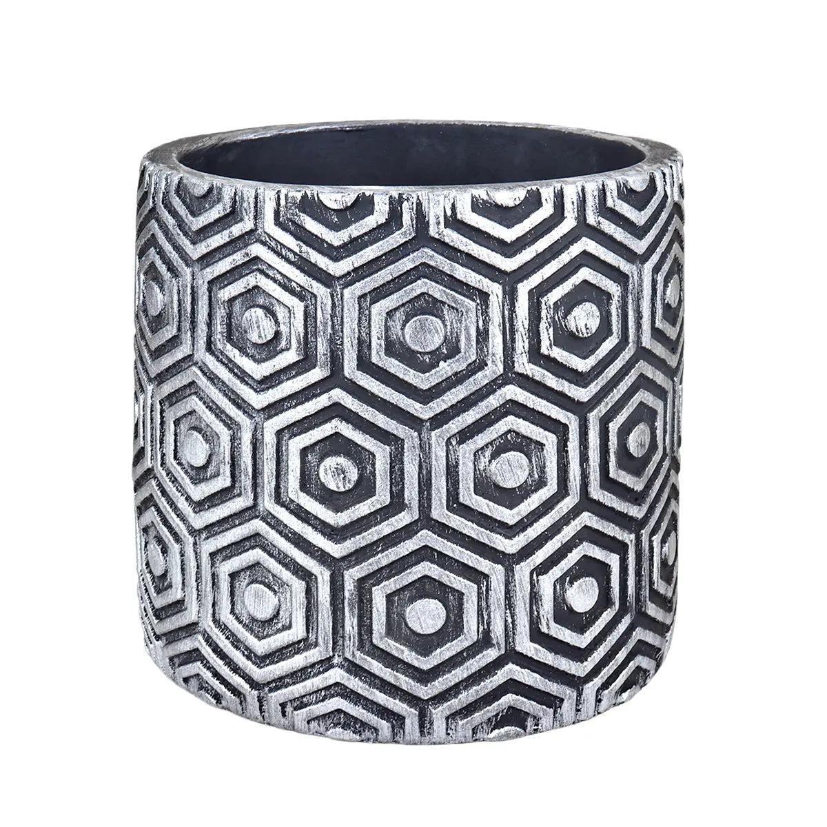 Maceta Textura Hexagonal, Color Negro y Plata