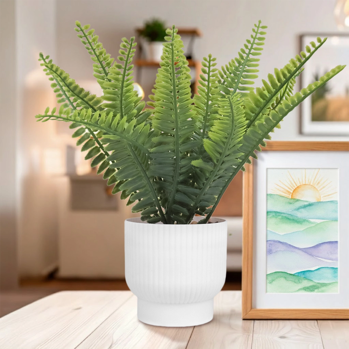 Maceta Blanca con Helecho, Planta Artificial