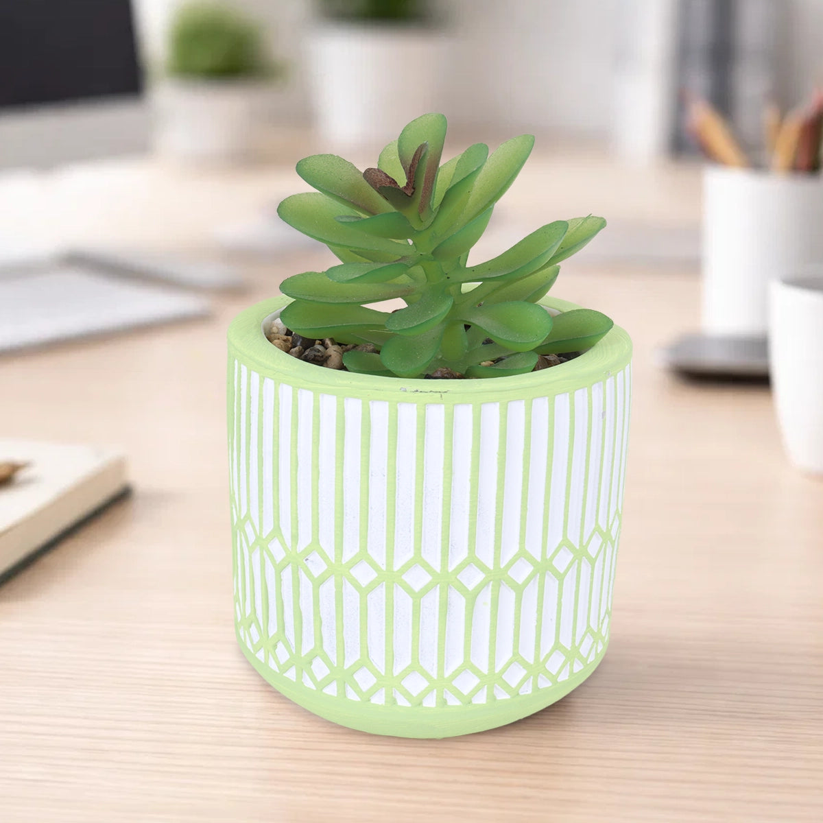 Maceta con Planta Artificial, Diseño Azulejo, Color Verde