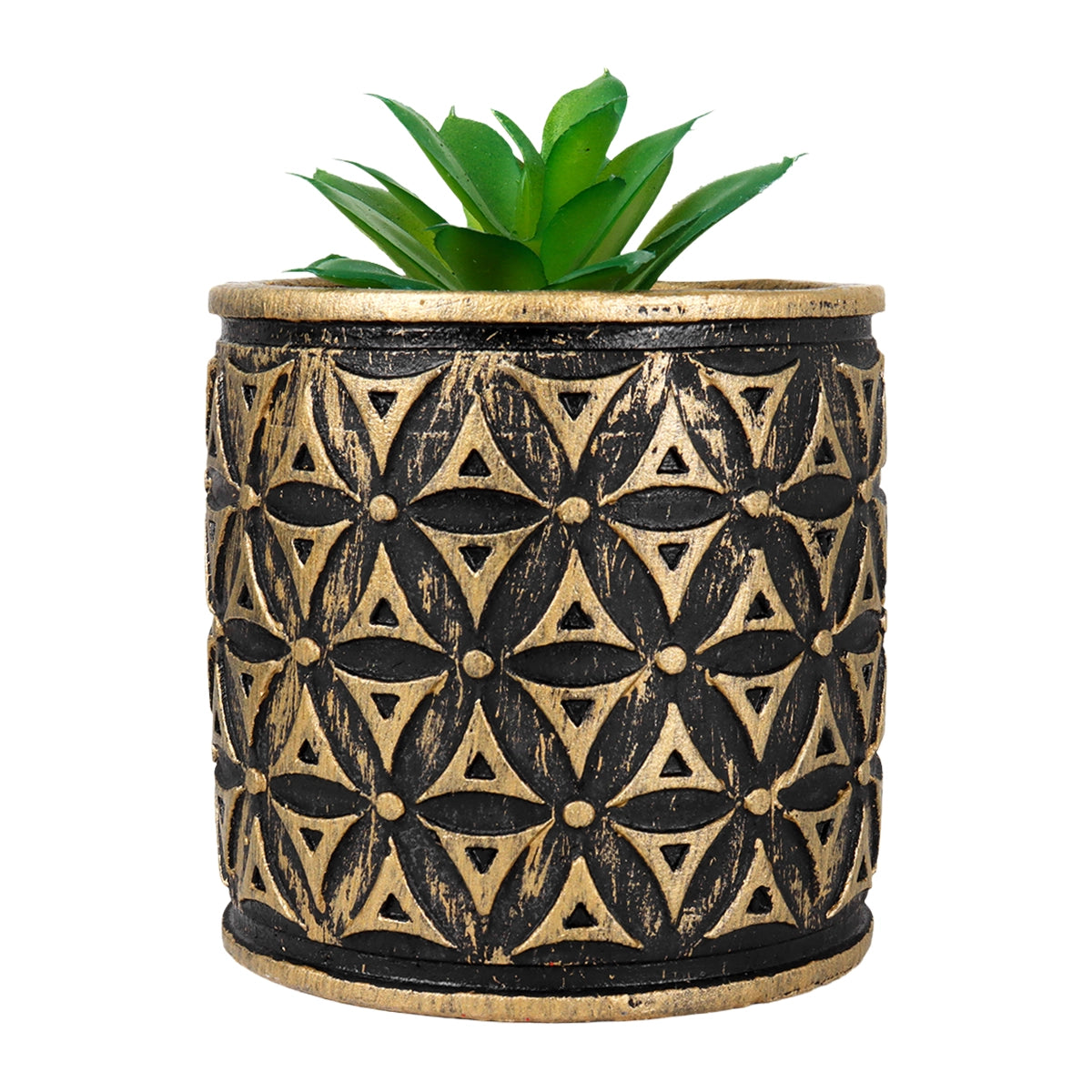 Maceta con Planta Artificial, Diseño Cilindro con Patrón, Color Dorado