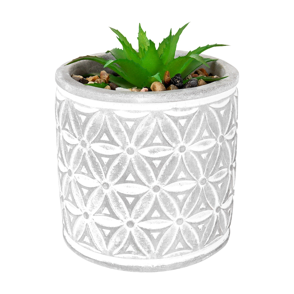 Maceta con Planta Artificial, Diseño Cilindro con Patrón, Color Gris