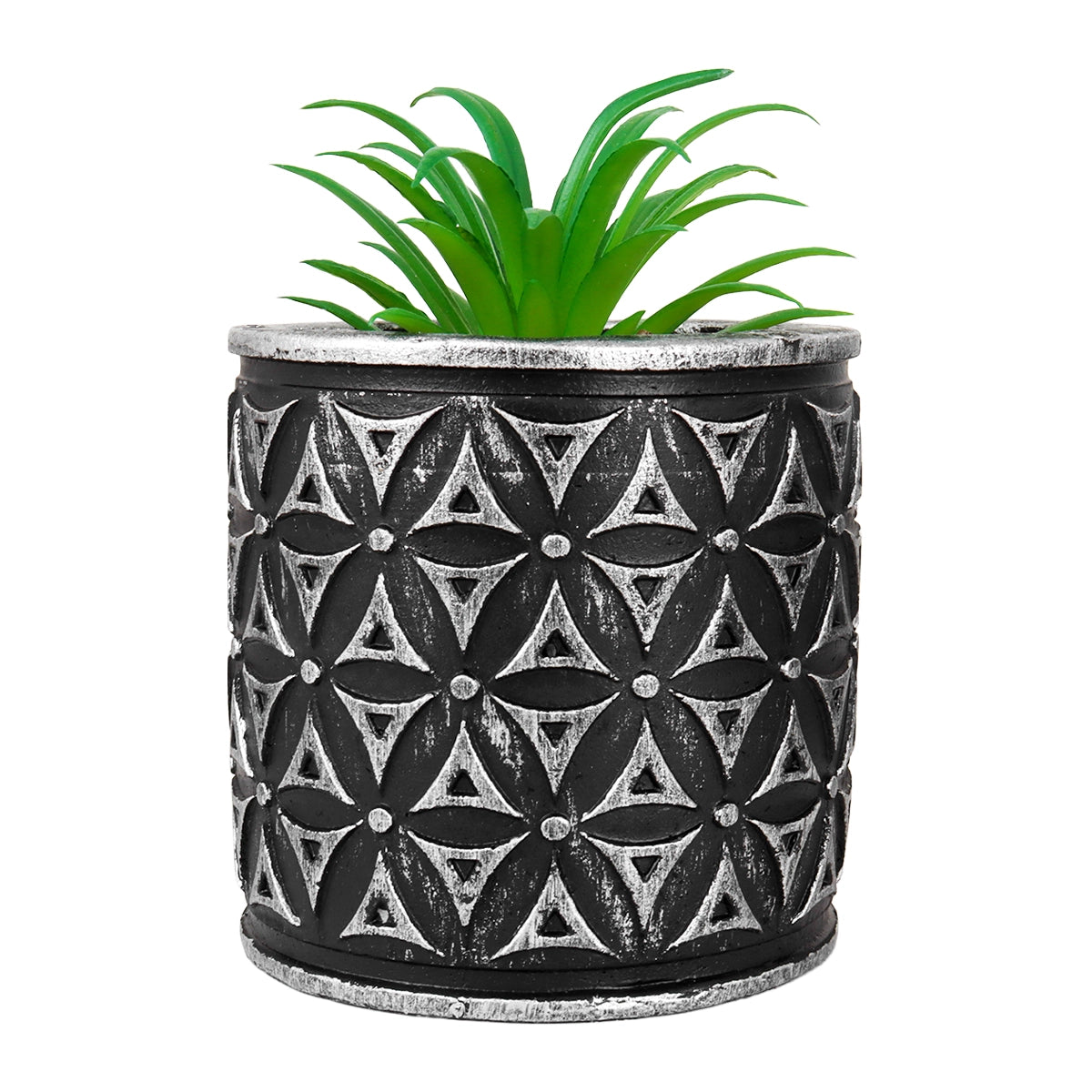 Maceta con Planta Artificial, Diseño Cilindro con Patrón, Color Plata