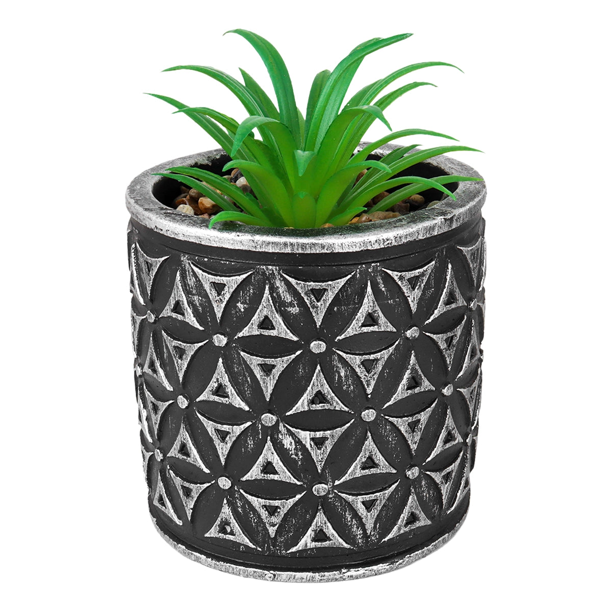Maceta con Planta Artificial, Diseño Cilindro con Patrón, Color Plata