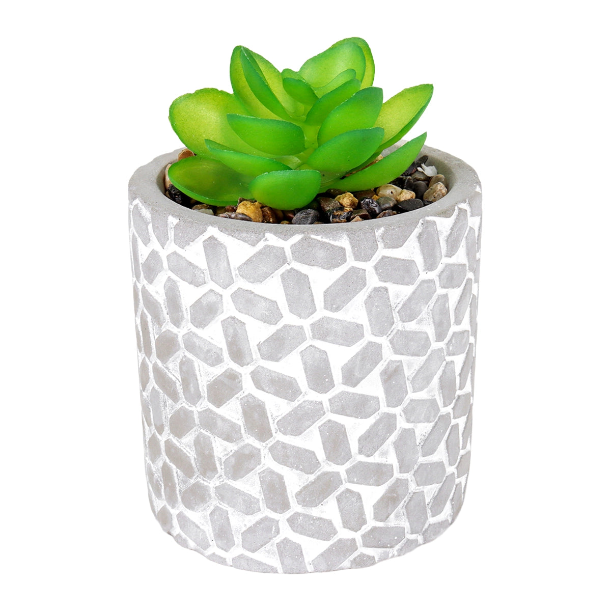 Maceta con Planta Artificial, Diseño con Patrón Figuras, Color Gris