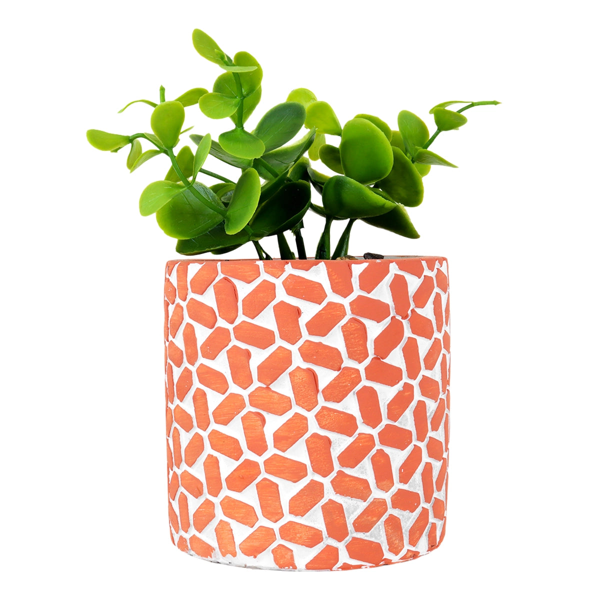 Maceta con Planta Artificial, Diseño con Patrón Figuras, Color Naranja