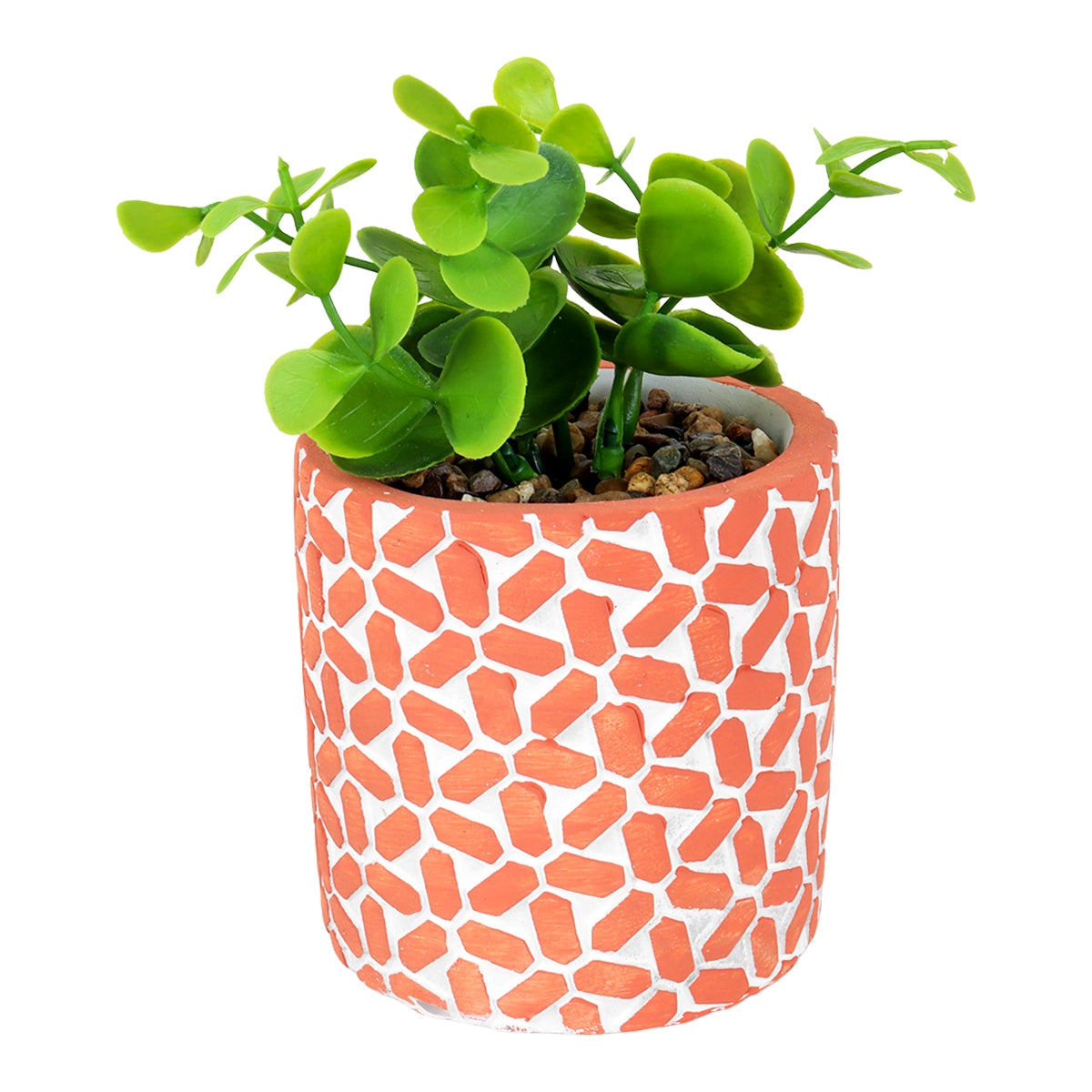 Maceta con Planta Artificial, Diseño con Patrón Figuras, Color Naranja