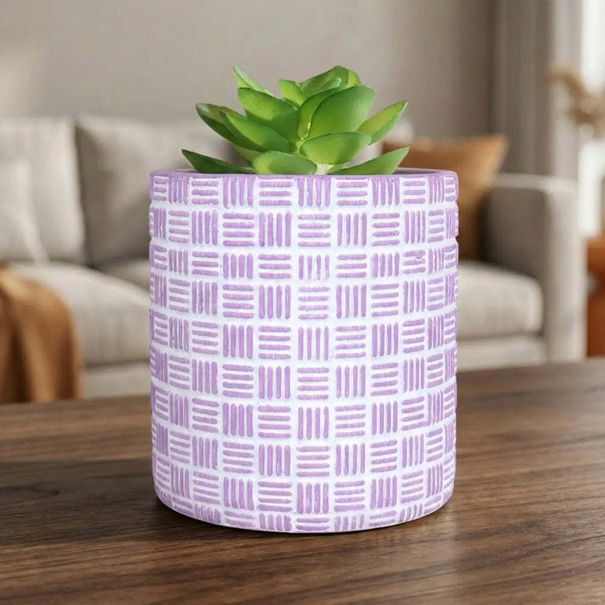 Maceta con Planta Artificial, Diseño Cilindro, Color Morado