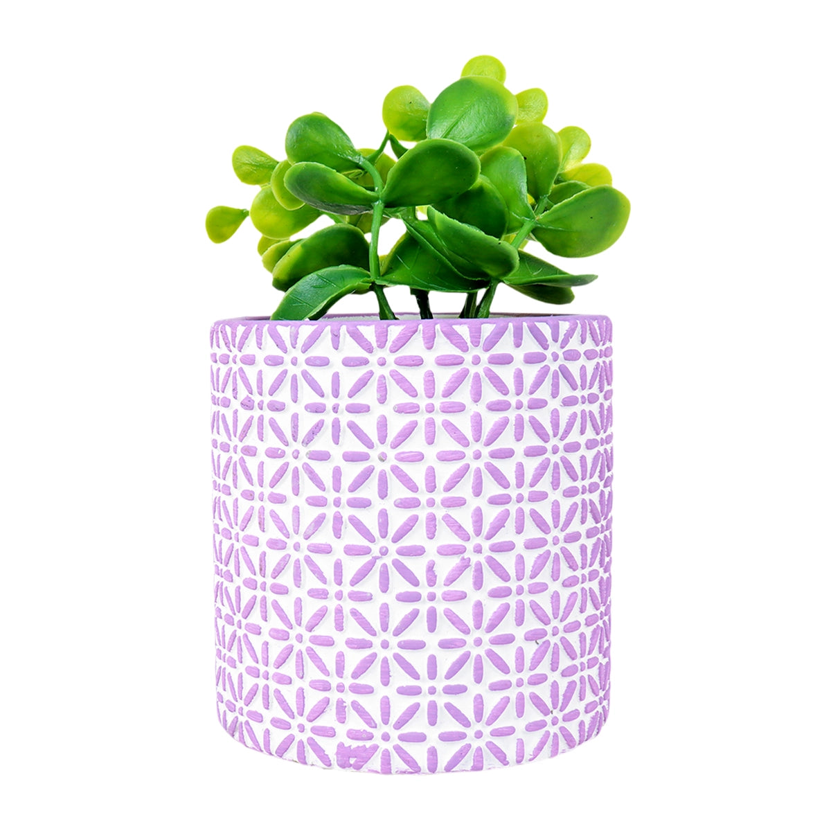 Maceta con Planta Artificial, Diseño con Patrón Flores, Color Lila