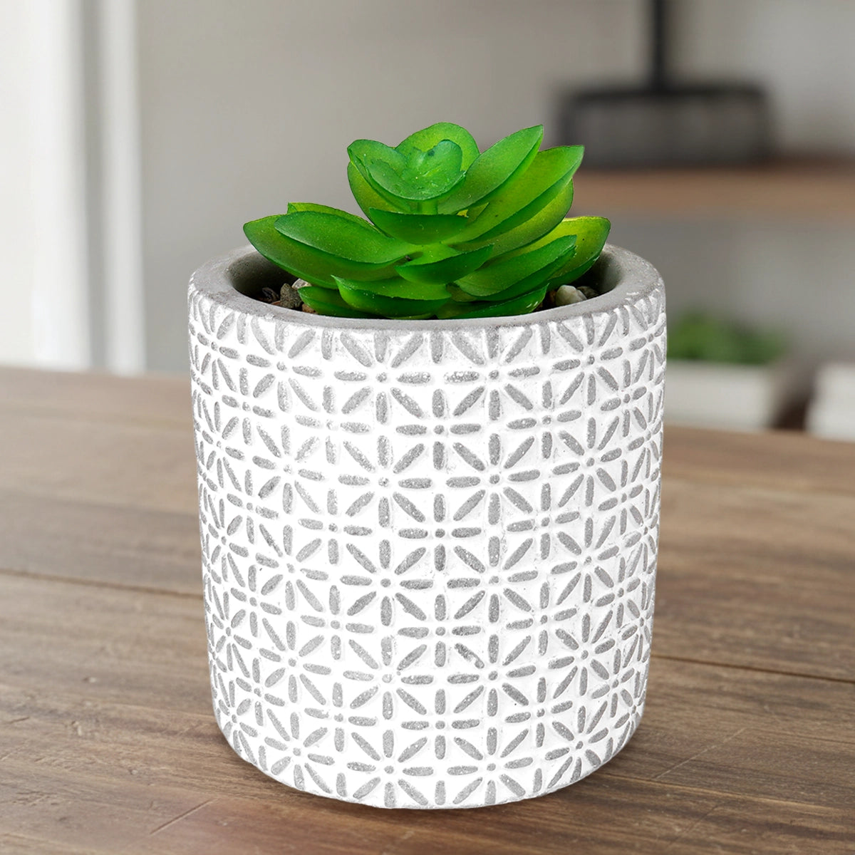 Maceta con Planta Artificial, Diseño con Patrón Flores, Color Gris