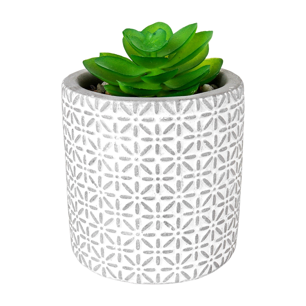 Maceta con Planta Artificial, Diseño con Patrón Flores, Color Gris