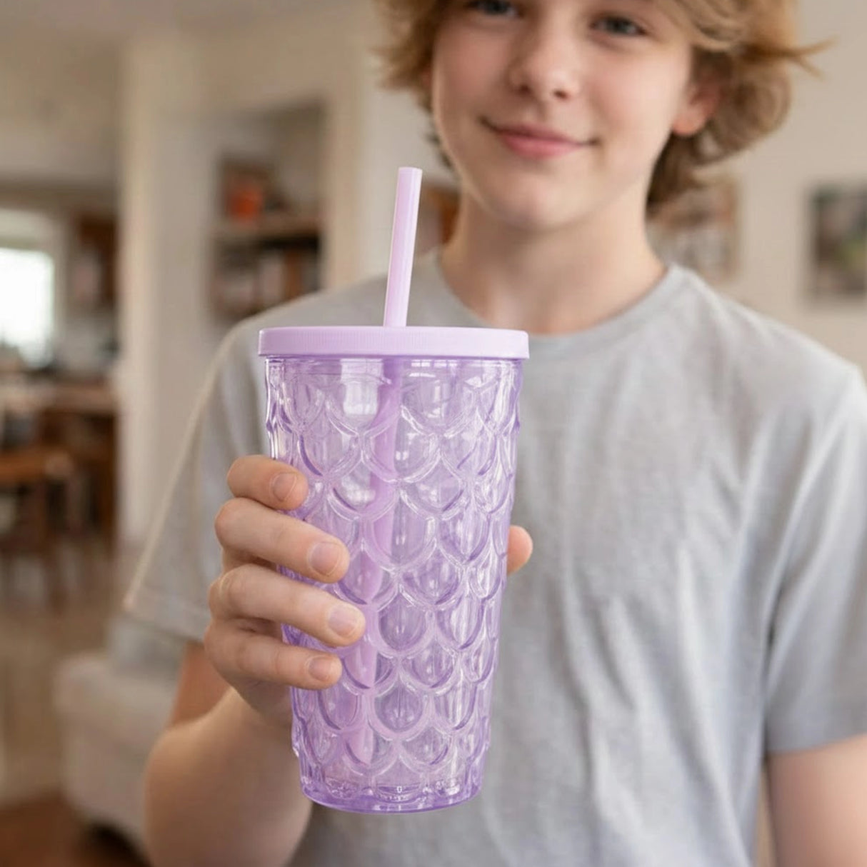 Vaso de Plástico con Tapa y Popote, Sirena, Color Morado