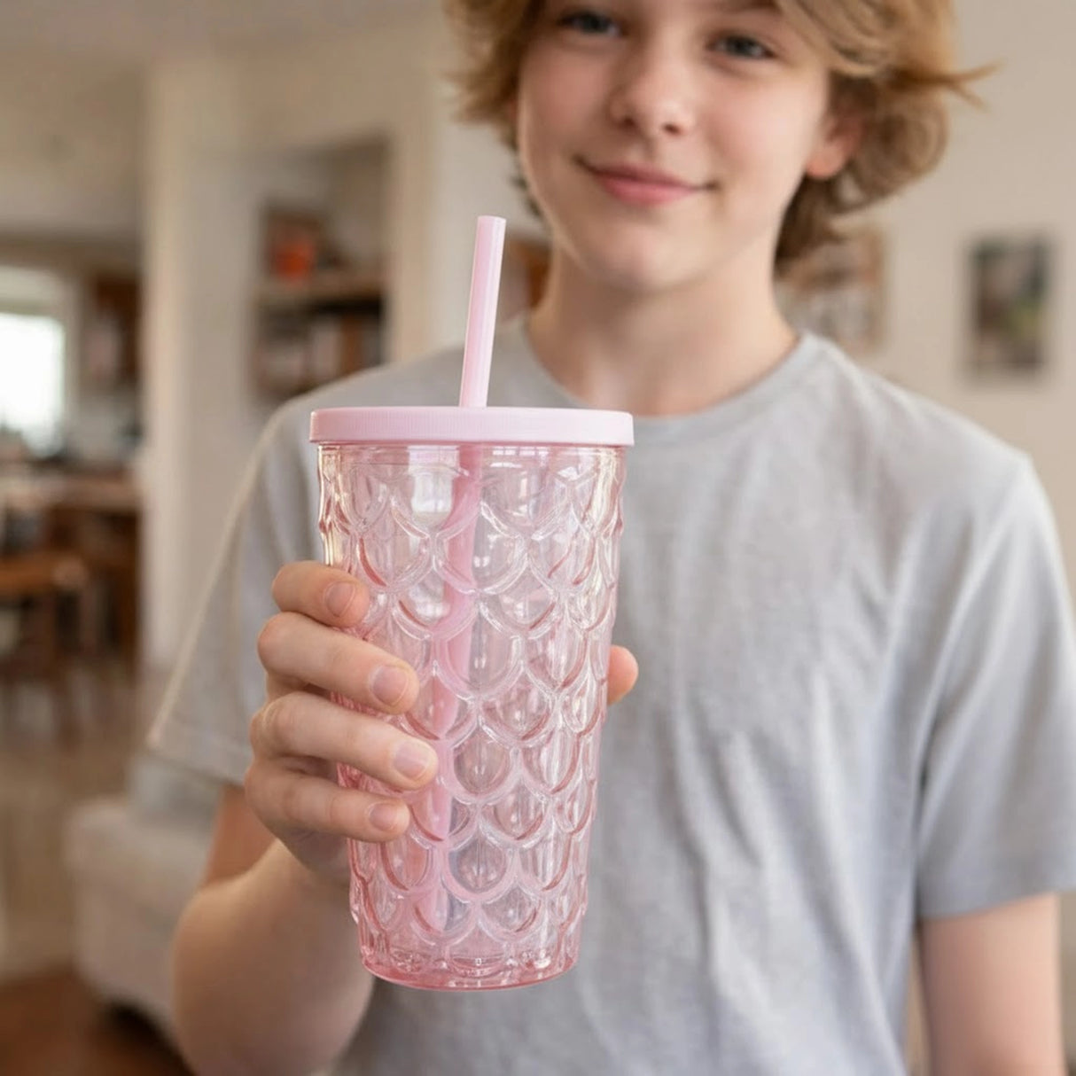 Vaso de Plástico con Tapa y Popote, Sirena, Color Rosa