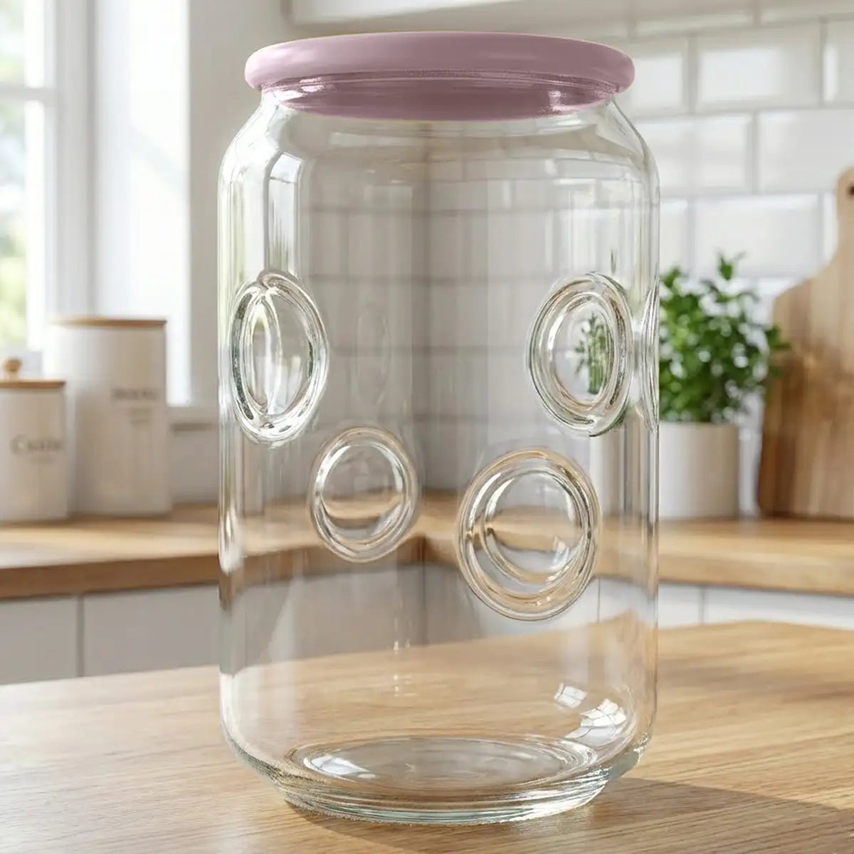 Vaso de Cristal con Tapa, Diseño Burbujas, Color Rosa