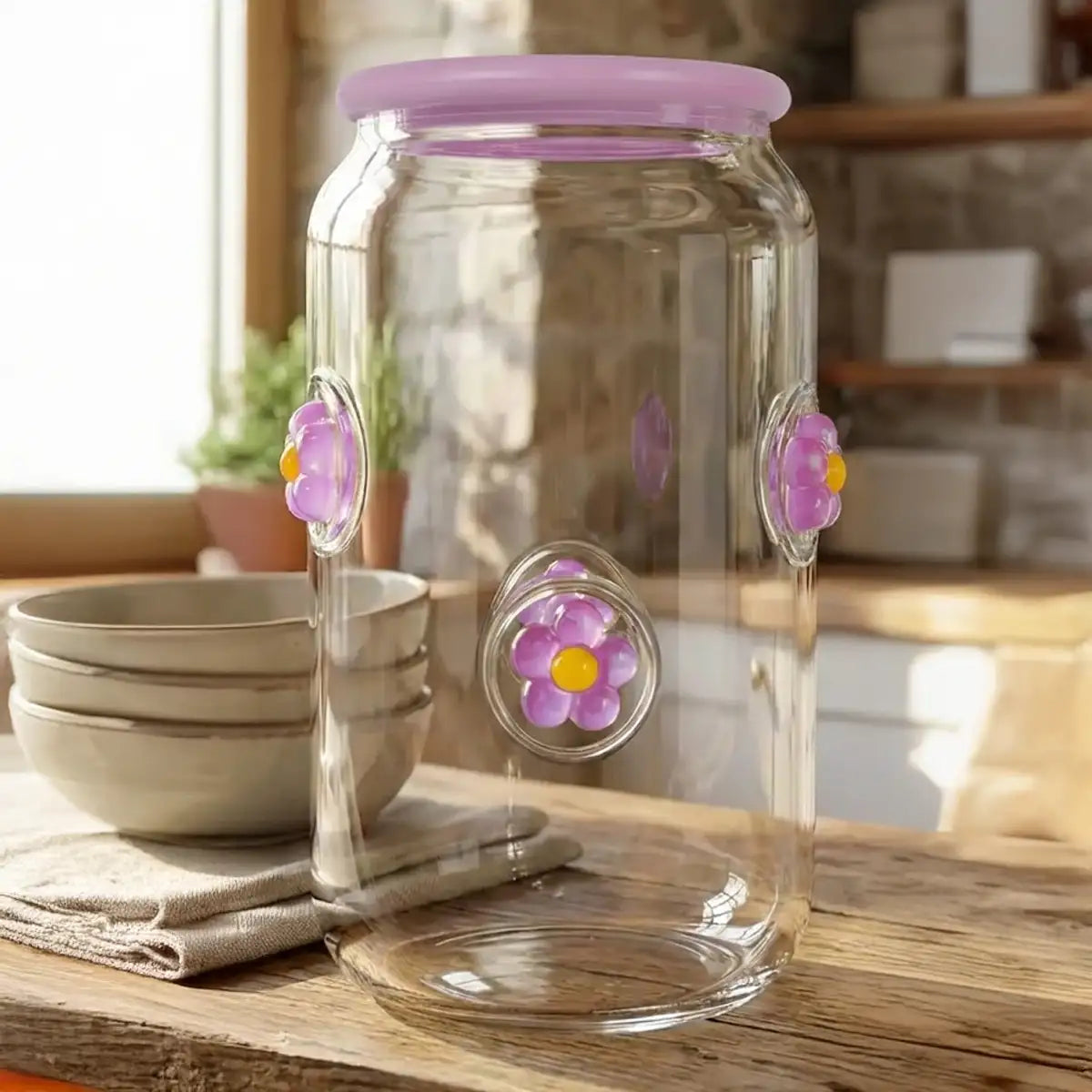 Vaso de Cristal con Tapa, Diseño Burbujas