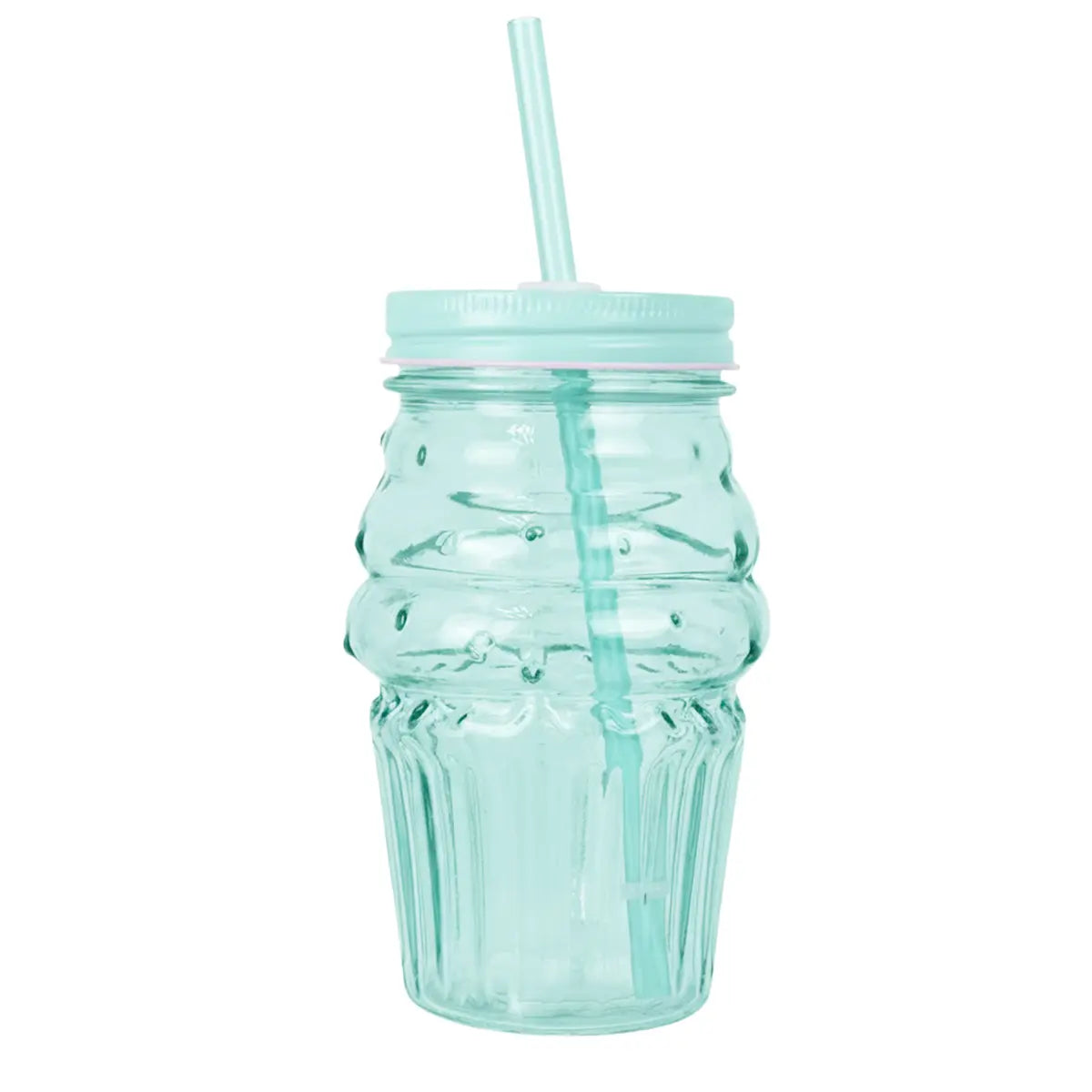 Vaso de Cristal con Tapa y Popote, Cono Helado, Color Azul