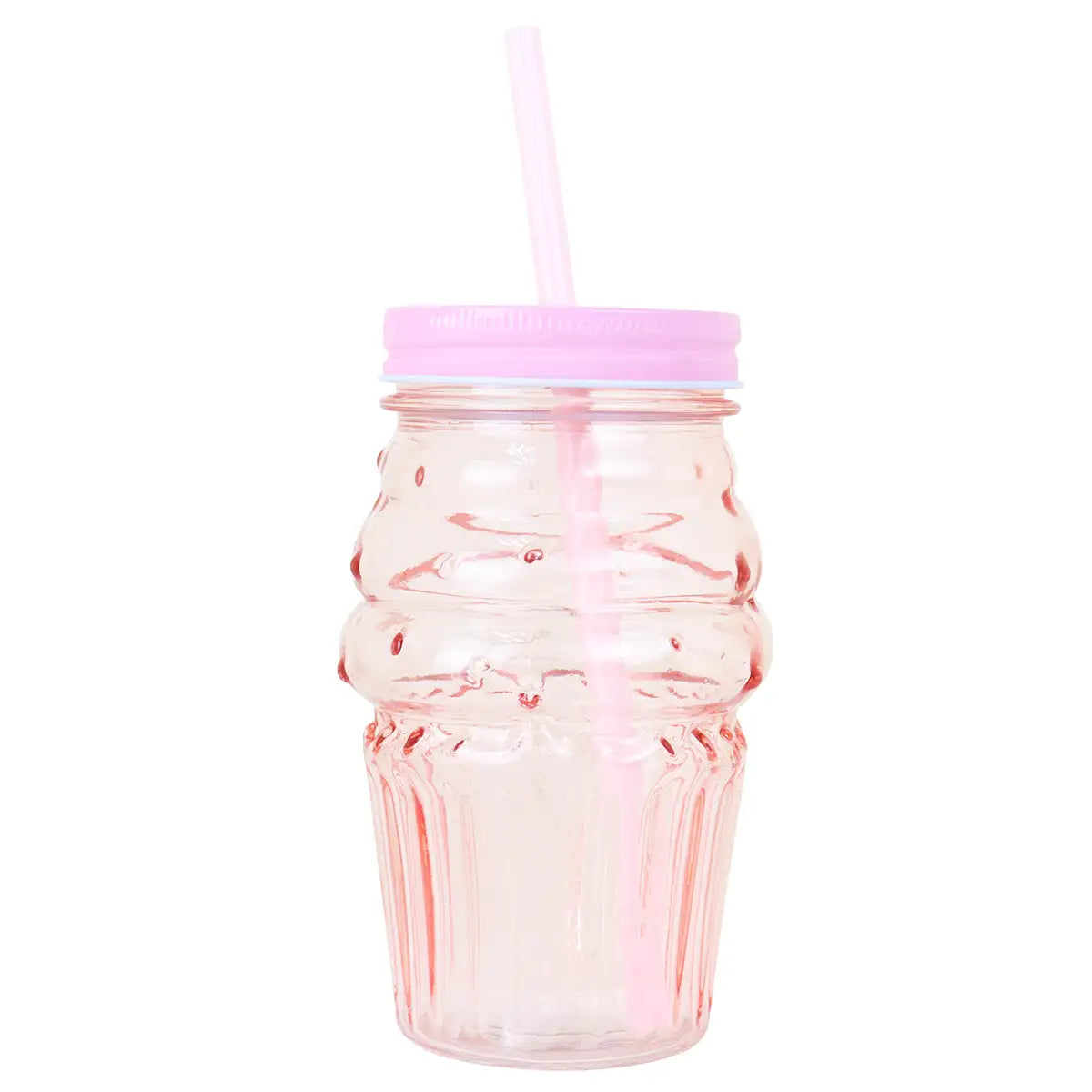 Vaso de Cristal con Tapa y Popote, Cono Helado, Color Rosa