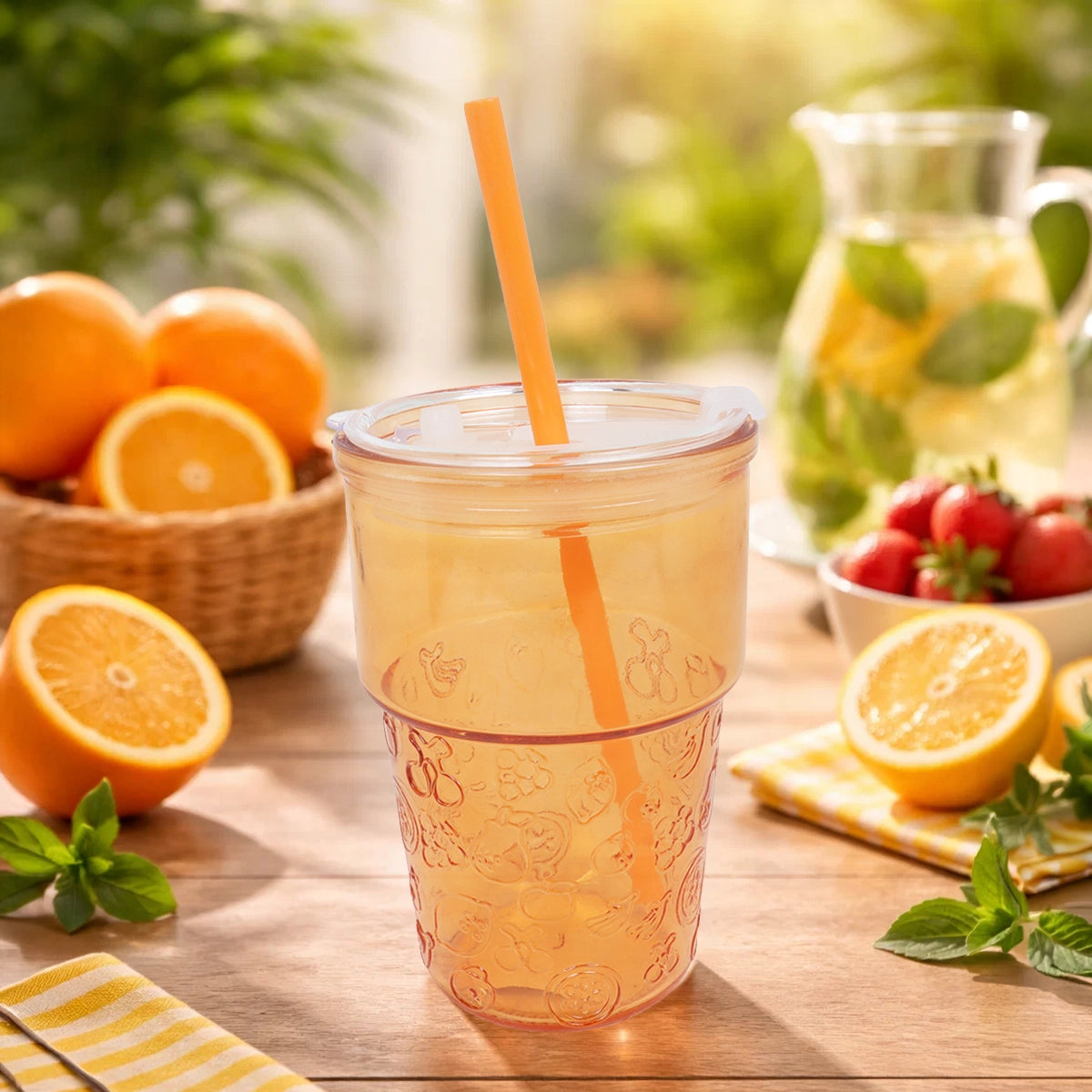 Vaso de Cristal con Tapa y Popote, Relieve Frutas, Color Naranja