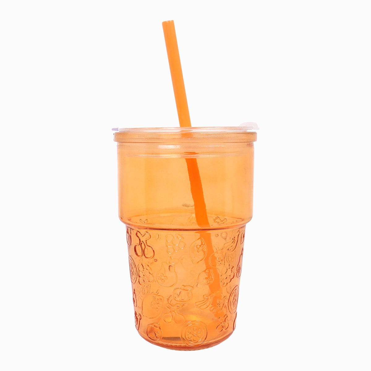 Vaso de Cristal con Tapa y Popote, Relieve Frutas, Color Naranja