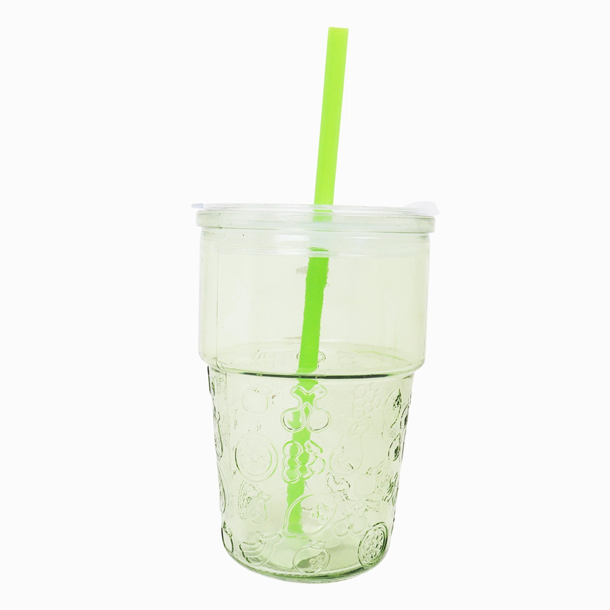 Vaso de Cristal con Tapa y Popote, Relieve Frutas, Color Verde