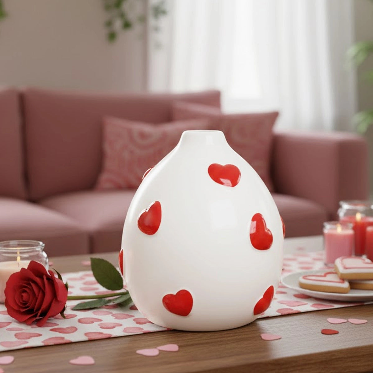 Florero de Cerámica con Corazones Rojos