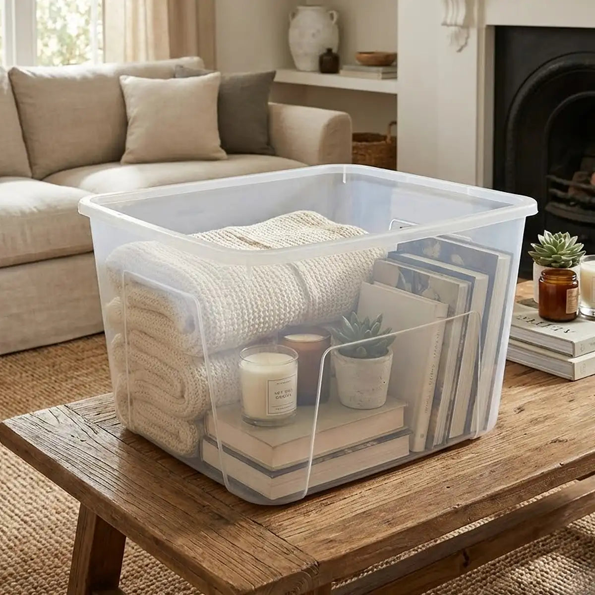 Caja Multiusos de Plástico con Tapa, Transparente, 70 L