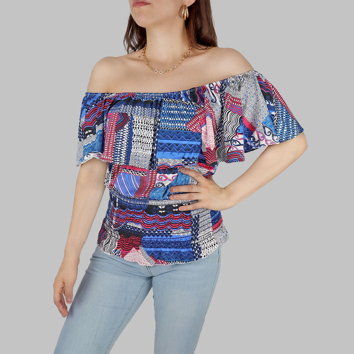 Blusa Campesina para Dama, color Azul con Rosa