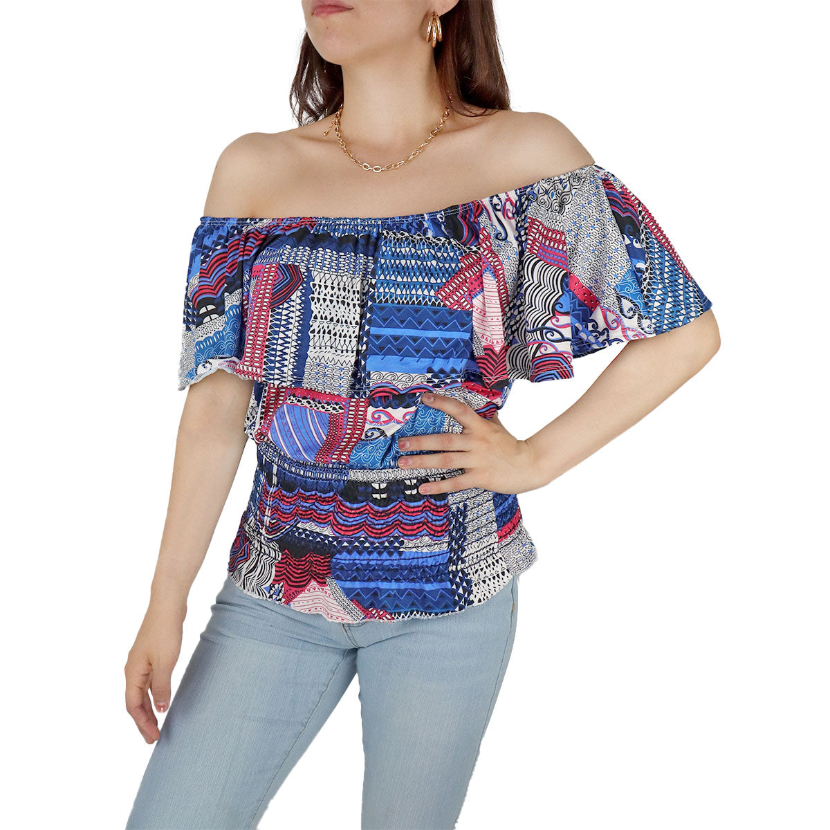 Blusa Campesina para Dama, color Azul con Rosa