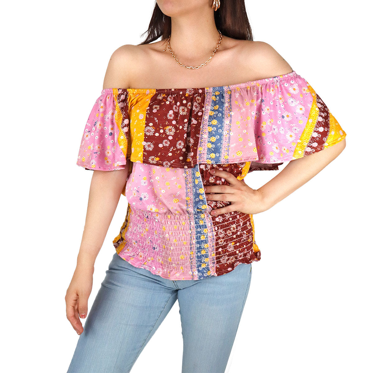 Blusa Campesina para Dama, color Rosa con Amarillo