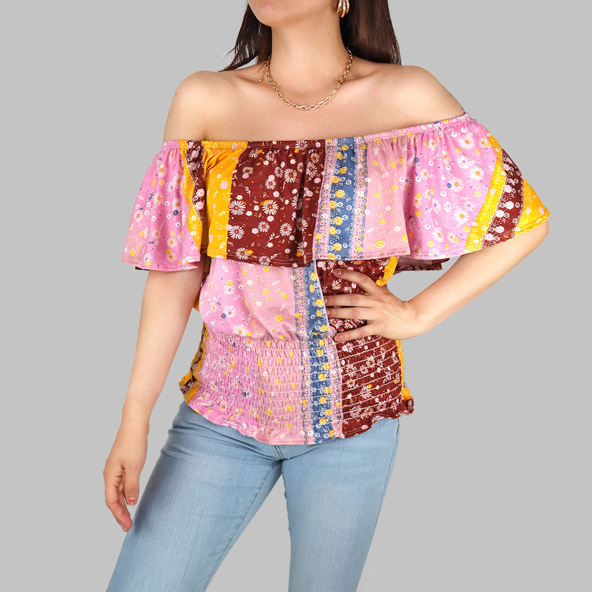 Blusa Campesina para Dama, color Rosa con Amarillo