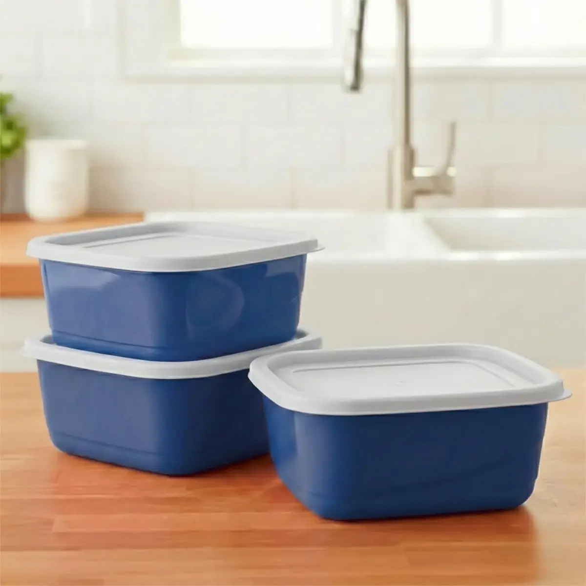 Set de 3 Contenedores Cuadrados, Color Azul con Tapa, 750 ml