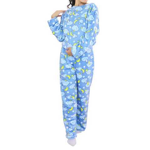 Conjunto de Pijama Polar color Azul con Diseño de Nubes para Dama