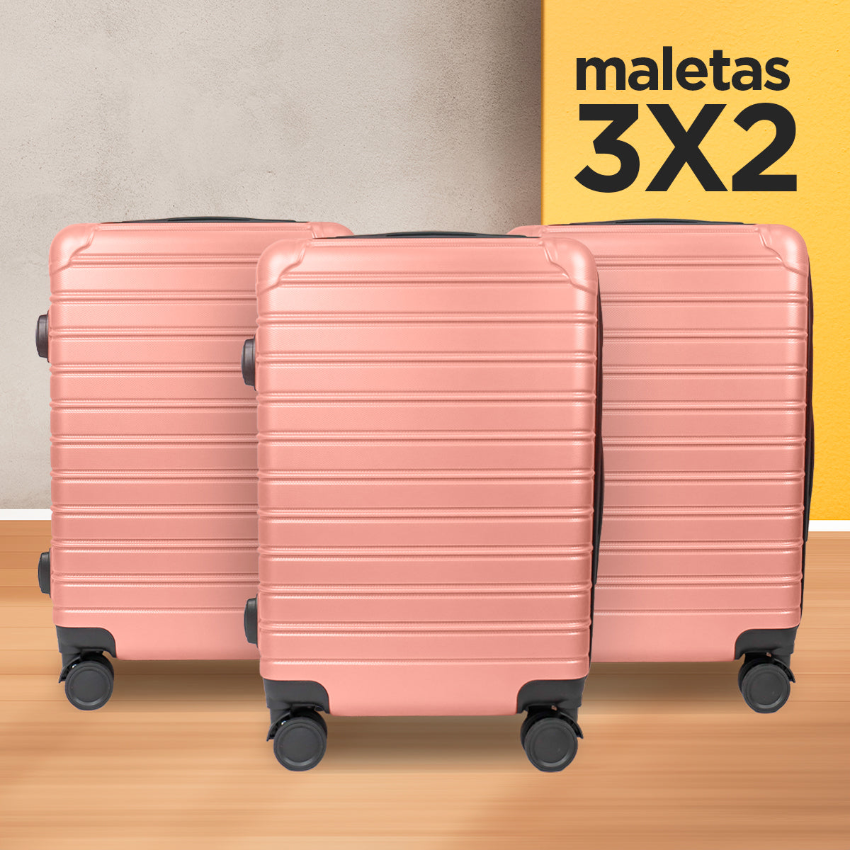 Set de Maletas de Viaje Líneas, color Rosa: ¡Llévate 3 y paga 2!, 37x23x55cm