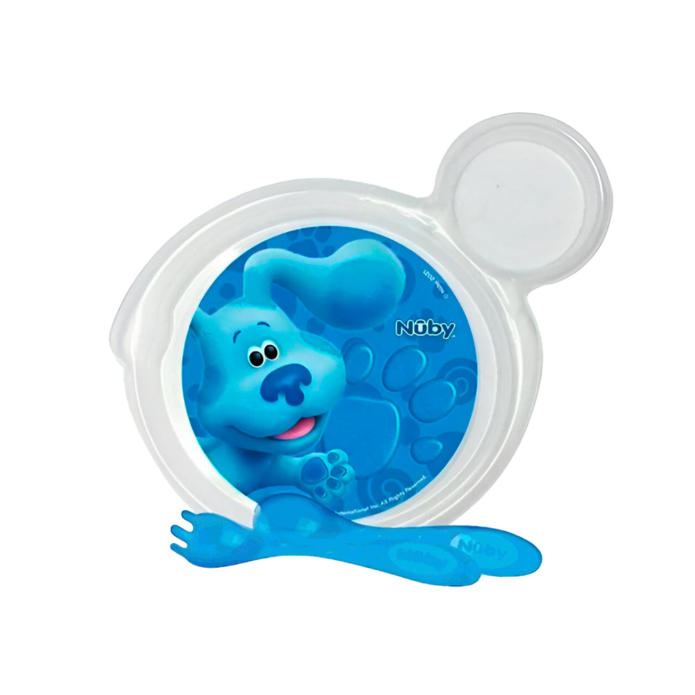 Set de Plato Transparente y Cubiertos Azules para Bebé, Personaje Blue, Nuby