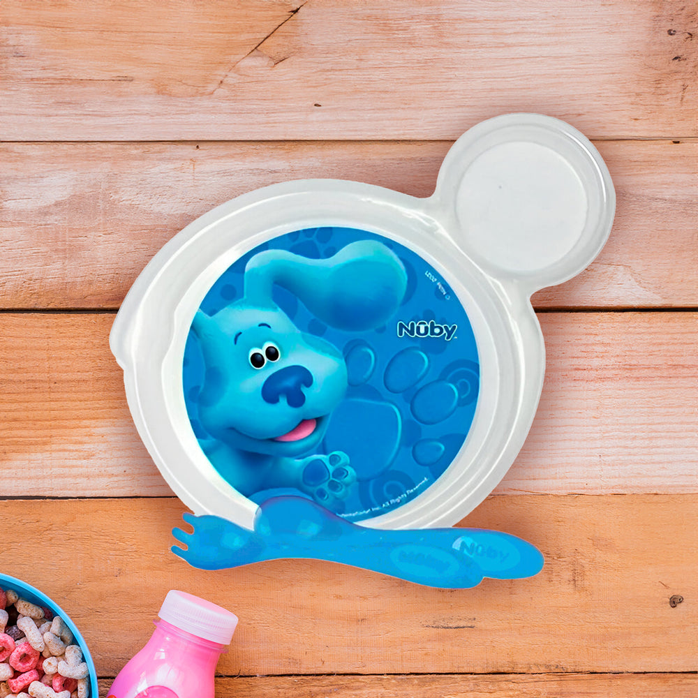 Set de Plato Transparente y Cubiertos Azules para Bebé, Personaje Blue, Nuby