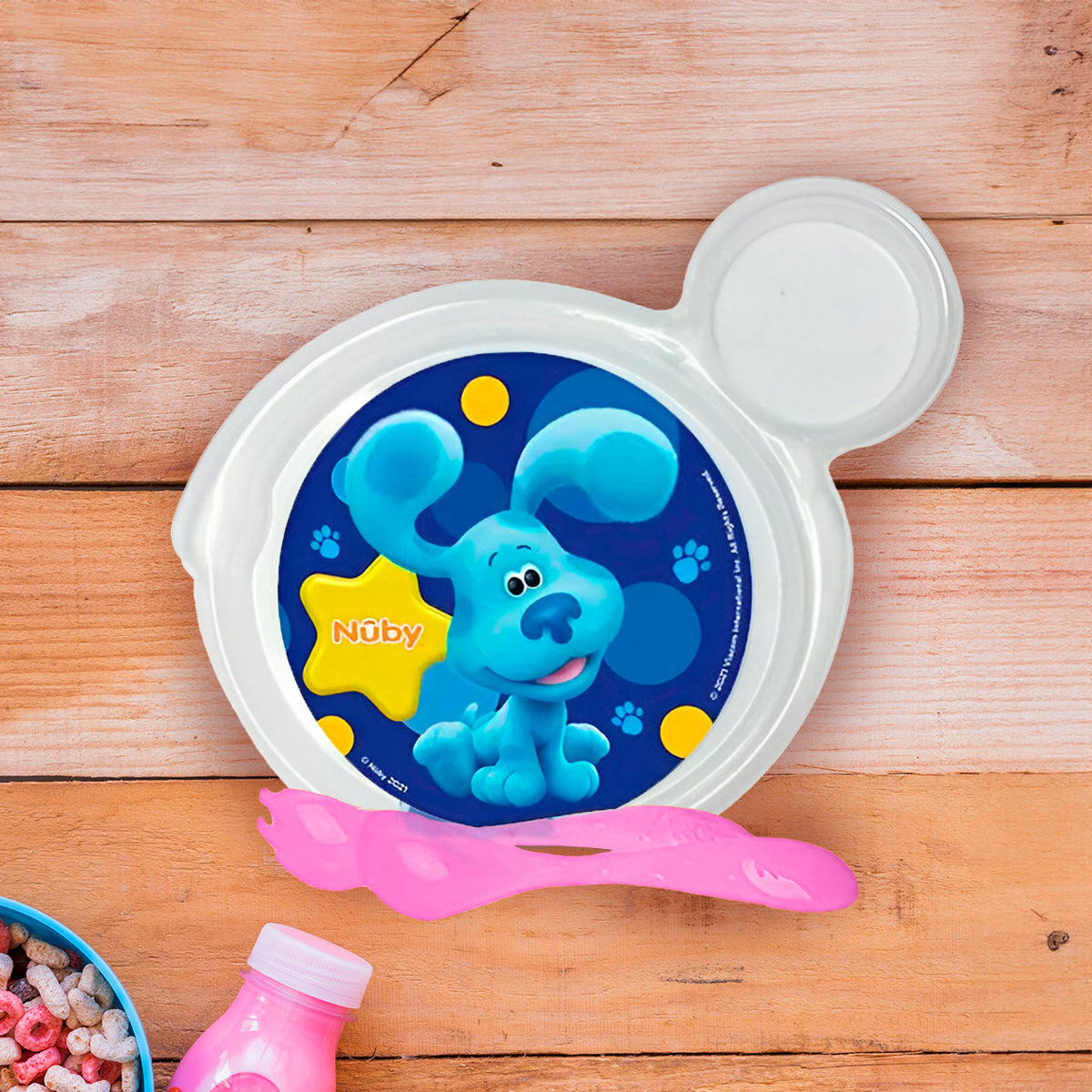 Set de Plato Transparente y Cubiertos Rosas para Bebé, Personaje Blue, Nuby