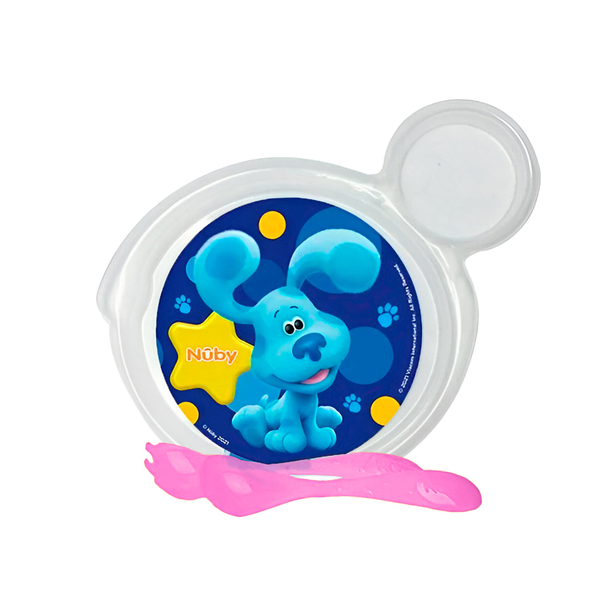 Set de Plato Transparente y Cubiertos Rosas para Bebé, Personaje Blue, Nuby