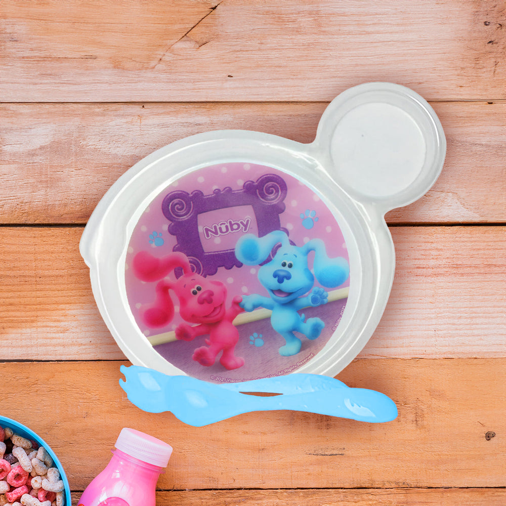 Set de Plato Transparente y Cubiertos Azules para Bebé, Las Pistas de Blue, Nuby
