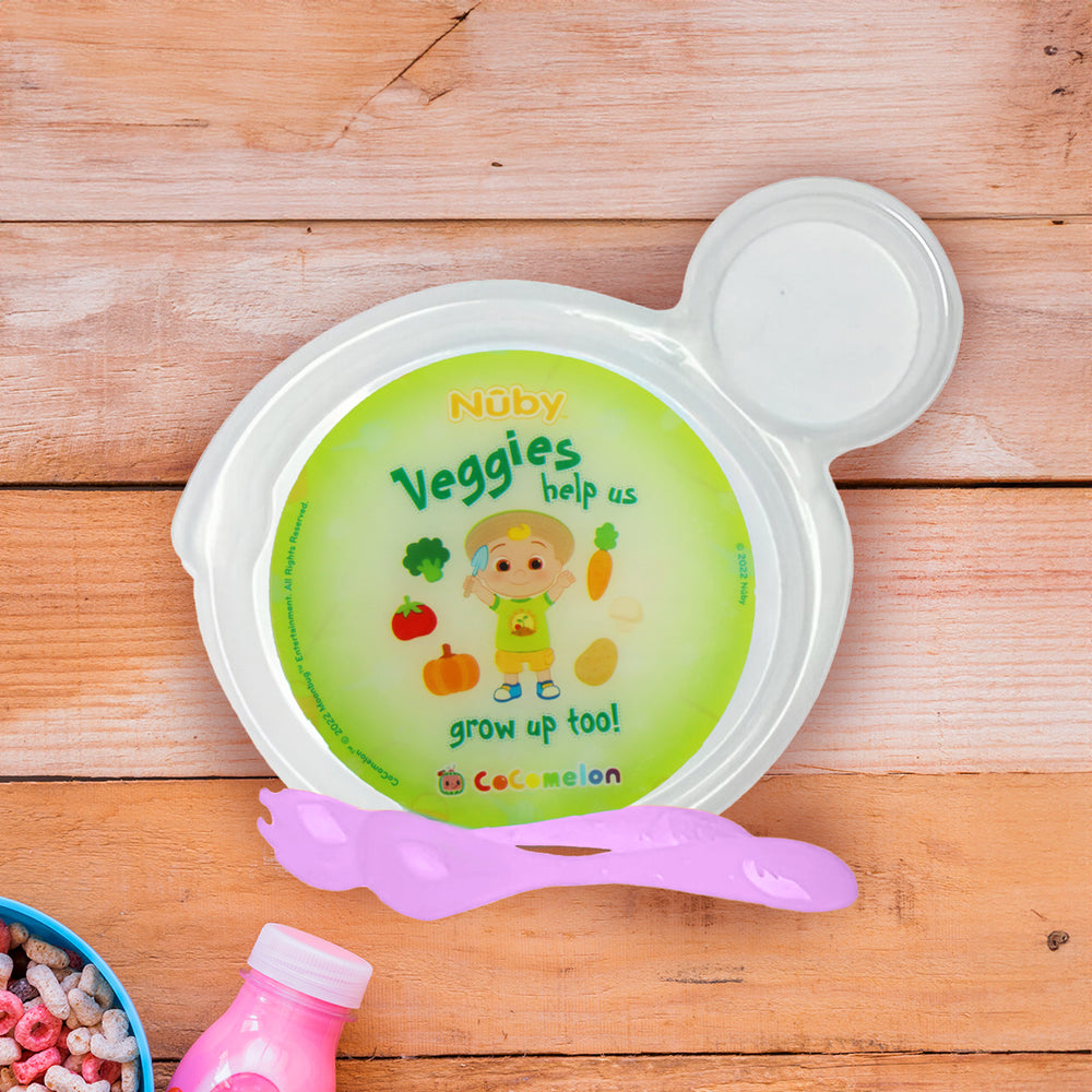 Set de Plato Transparente y Cubiertos Rosas para Bebé de Cocomelon, Nuby