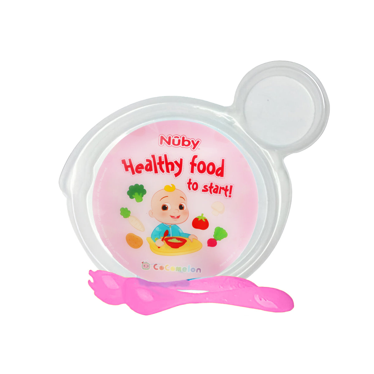 Set de Plato Transparente y Cubiertos Rosas para Bebé, Cocomelon "Healthy food", Nuby