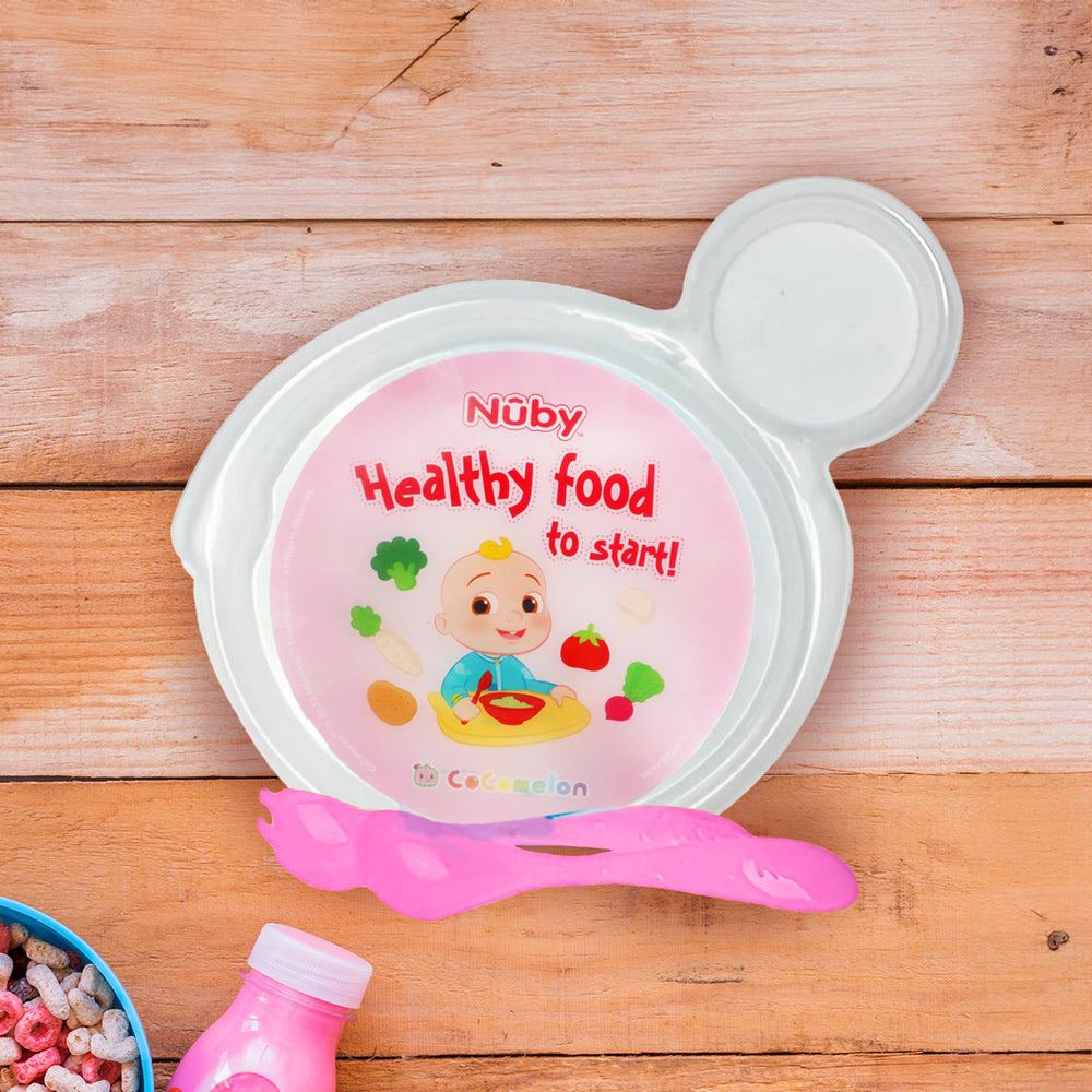 Set de Plato Transparente y Cubiertos Rosas para Bebé, Cocomelon "Healthy food", Nuby