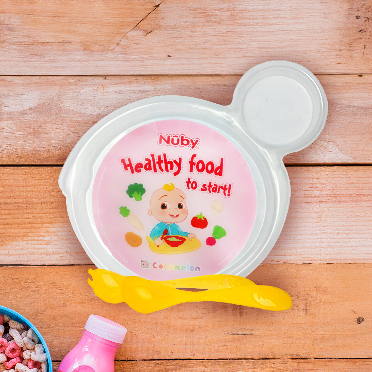 Set de Plato Transparente y Cubiertos Amarillos para Bebé, Cocomelon "Healthy food", Nuby