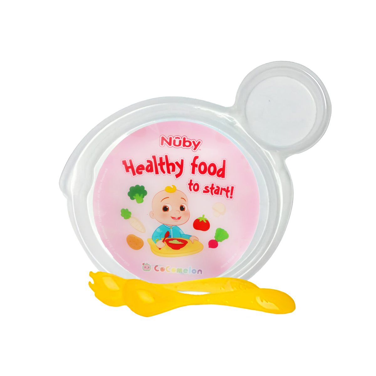 Set de Plato Transparente y Cubiertos Amarillos para Bebé, Cocomelon "Healthy food", Nuby