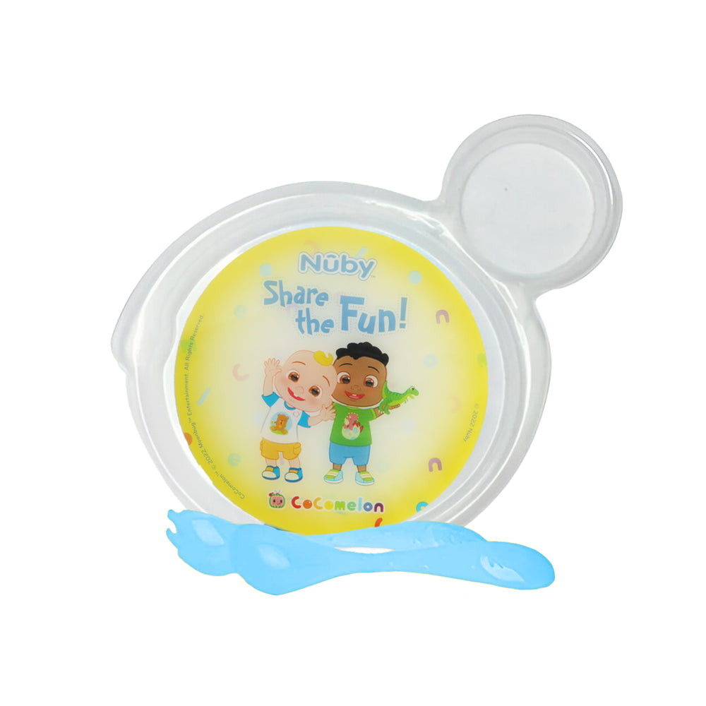 Set de Plato Transparente y Cubiertos Azules para Bebé, Cocomelon, Nuby