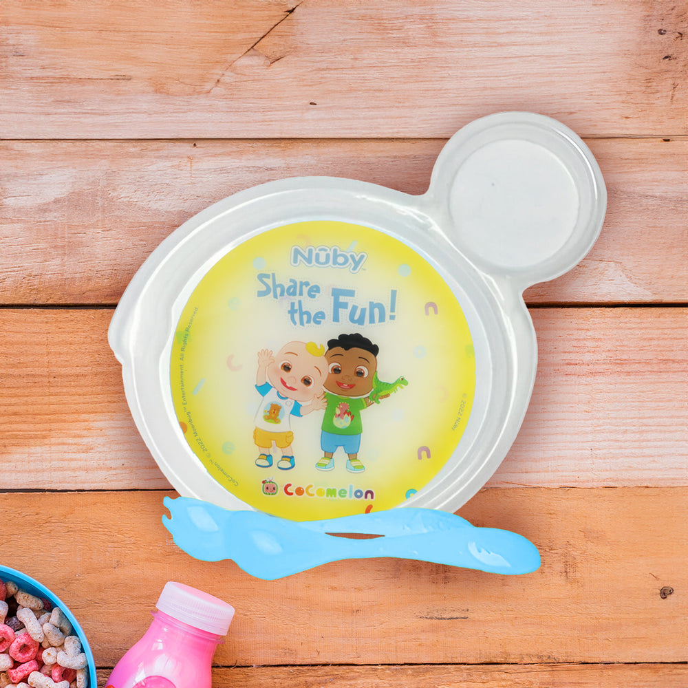 Set de Plato Transparente y Cubiertos Azul para Bebé, Cocomelon, Nuby