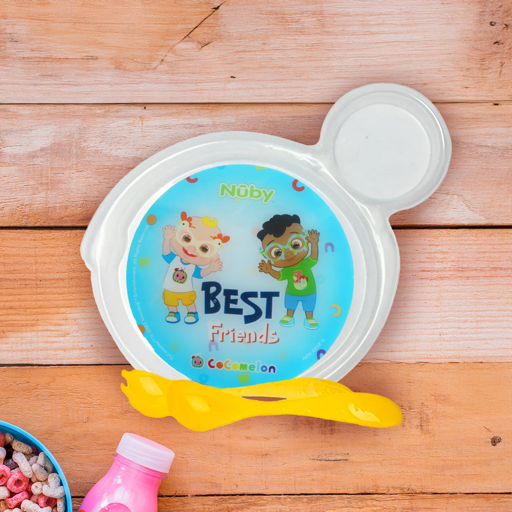 Set de Plato Transparente y Cubiertos Amarillos para Bebé, Cocomelon, Nuby