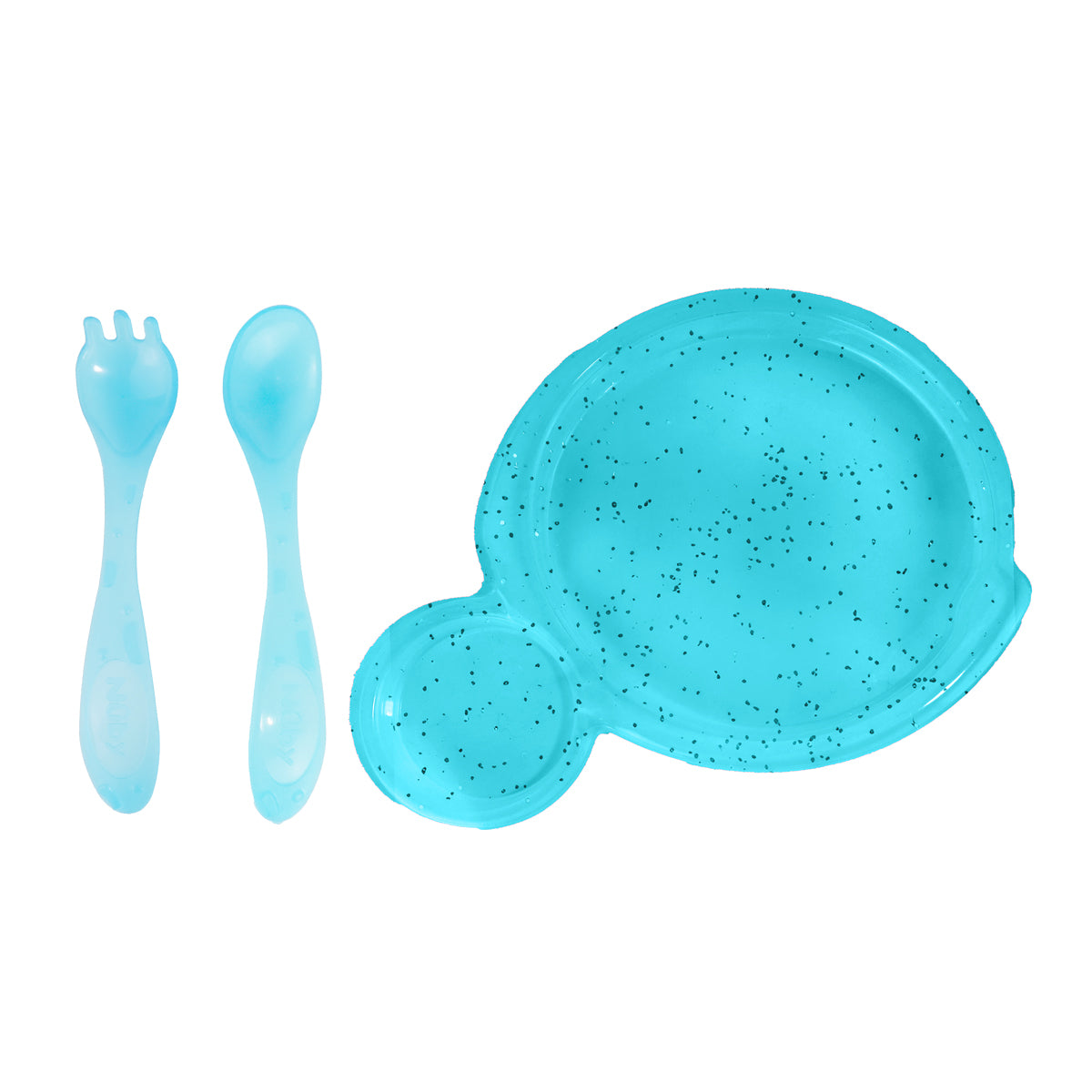Set de Plato Glitter Azul y 2 Cubiertos Azules para Bebé, Nuby