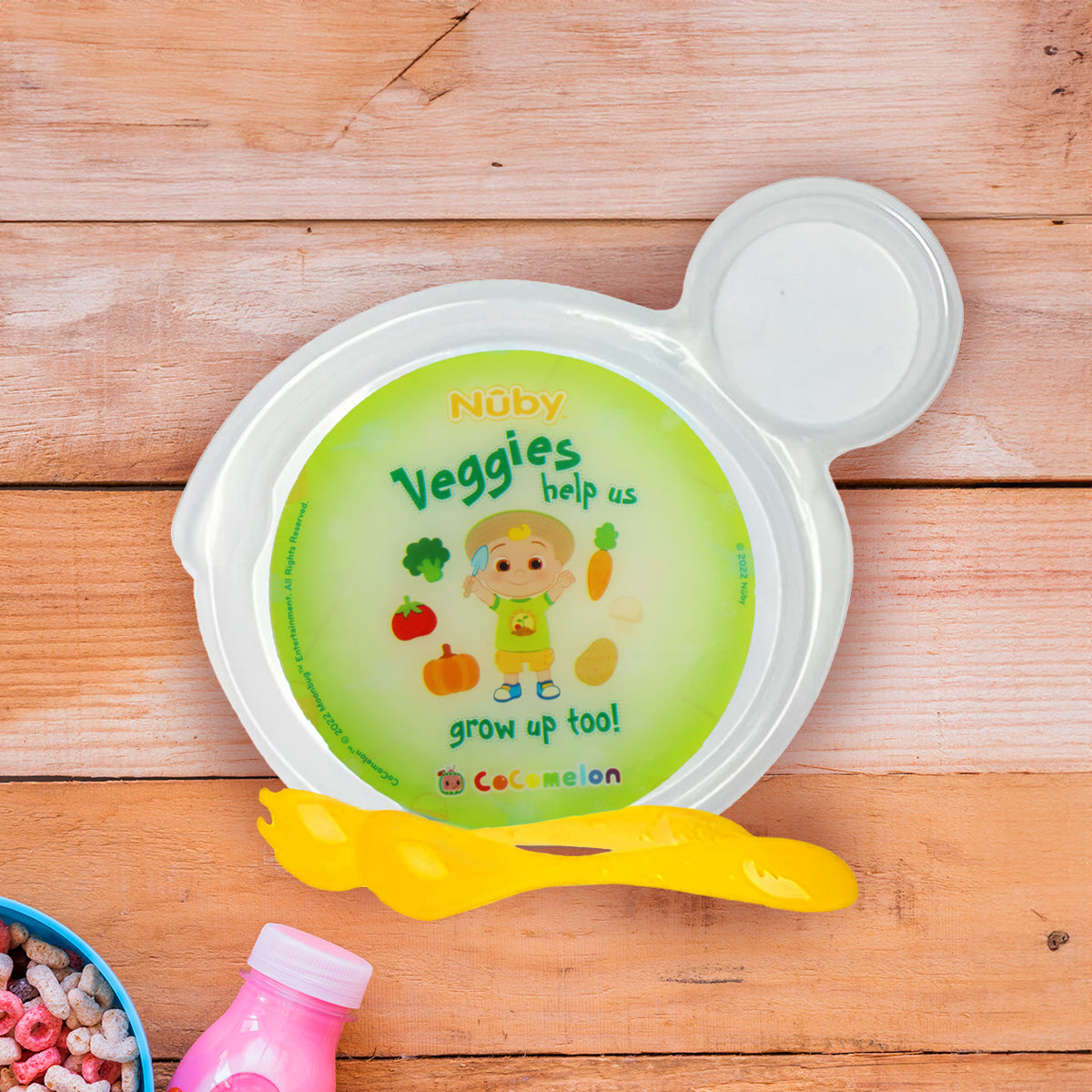 Set de Plato Transparente y Cubiertos Amarillos para Bebé de Cocomelon, Nuby