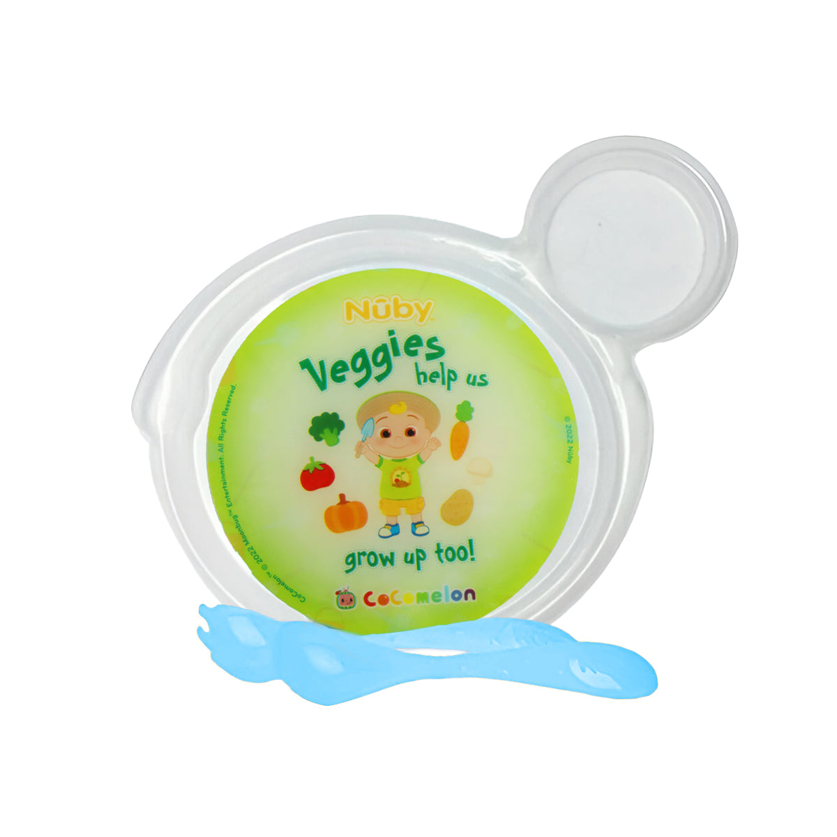 Set de Plato Transparente y Cubiertos Azules para Bebé, Temática Vegetales, Cocomelon, Nuby
