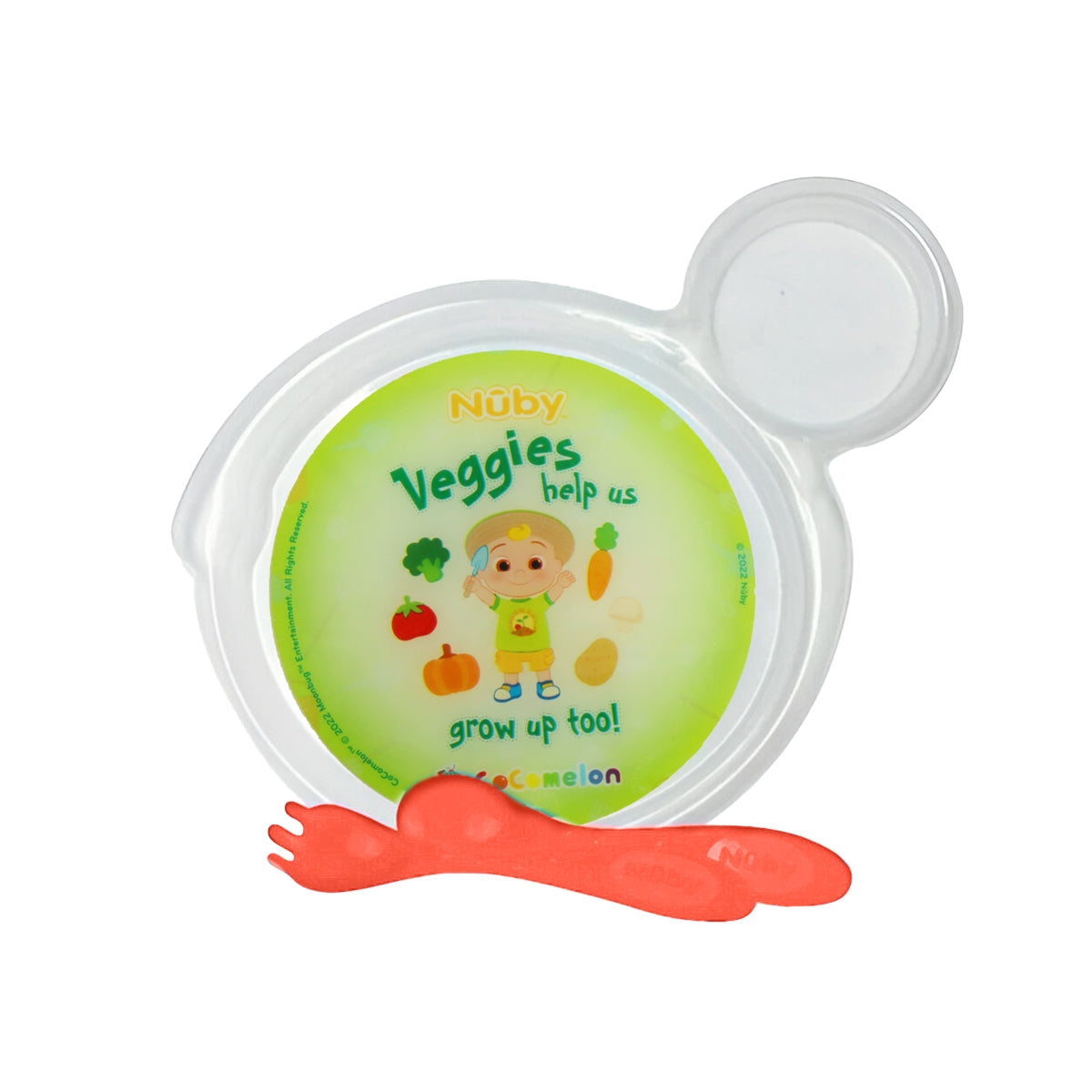 Set de Plato Transparente y Cubiertos Naranjas para Bebé, Temática Vegetales, Cocomelon, Nuby
